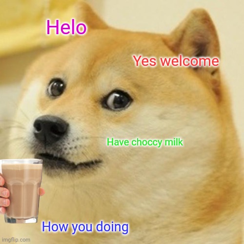 Welcome | Helo; Yes welcome; Have choccy milk; How you doing | image tagged in memes,doge | made w/ Imgflip meme maker