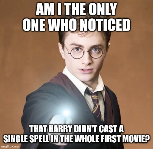 harry potter casting a spell | AM I THE ONLY ONE WHO NOTICED; THAT HARRY DIDN'T CAST A SINGLE SPELL IN THE WHOLE FIRST MOVIE? | image tagged in harry potter casting a spell | made w/ Imgflip meme maker