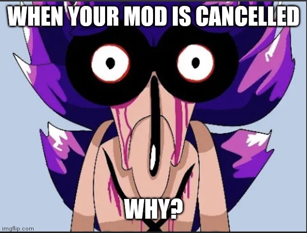Roasted Sonic.exe by Majin sonic meme | WHEN YOUR MOD IS CANCELLED; WHY? | image tagged in roasted sonic exe by majin sonic meme | made w/ Imgflip meme maker