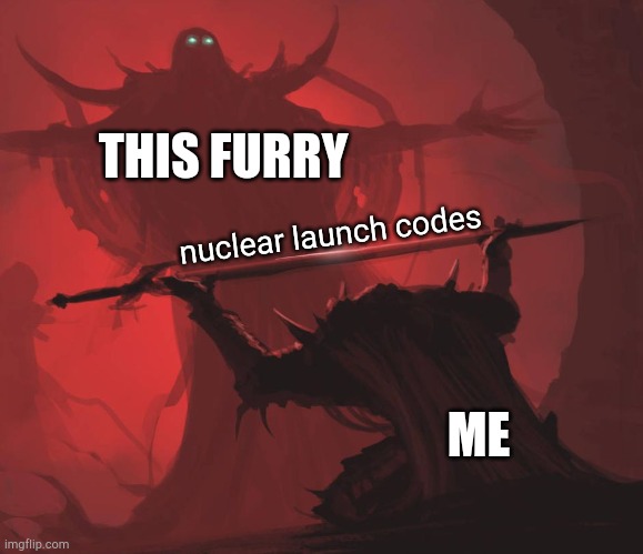 Man giving sword to larger man | THIS FURRY ME nuclear launch codes | image tagged in man giving sword to larger man | made w/ Imgflip meme maker