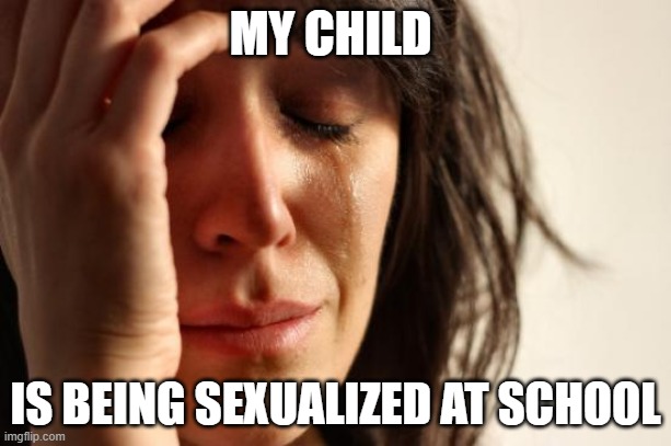 First World Problems Meme | MY CHILD; IS BEING SEXUALIZED AT SCHOOL | image tagged in memes,first world problems | made w/ Imgflip meme maker