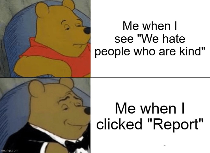 this was our activity in school lol | Me when I see "We hate people who are kind"; Me when I clicked "Report" | image tagged in memes,tuxedo winnie the pooh | made w/ Imgflip meme maker