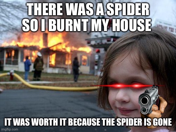 I’m evil | THERE WAS A SPIDER SO I BURNT MY HOUSE; IT WAS WORTH IT BECAUSE THE SPIDER IS GONE | image tagged in memes,disaster girl | made w/ Imgflip meme maker