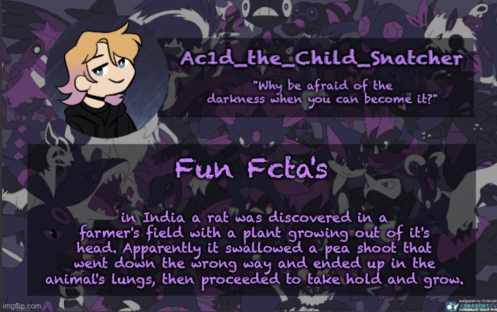 . | Fun Fcta's; in India a rat was discovered in a farmer's field with a plant growing out of it's head. Apparently it swallowed a pea shoot that went down the wrong way and ended up in the animal's lungs, then proceeded to take hold and grow. | made w/ Imgflip meme maker