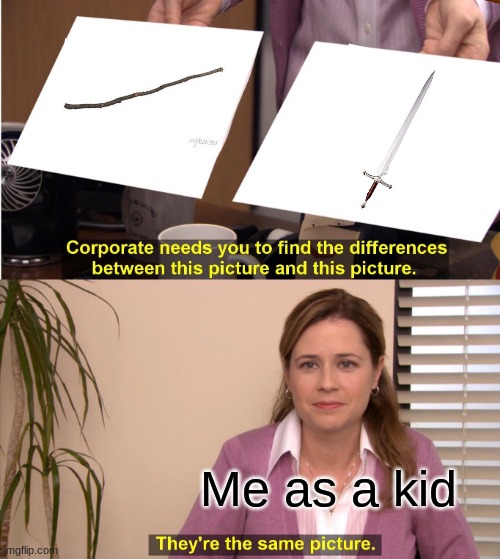 Stick = Sword |  Me as a kid | image tagged in memes,they're the same picture,stick,sword,me as a child being smort | made w/ Imgflip meme maker