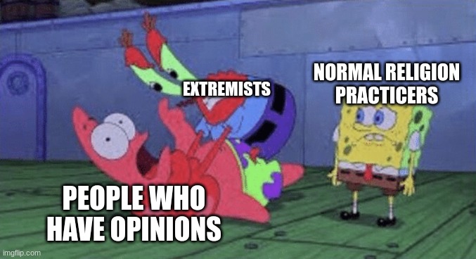Mr. Krabs Choking Patrick | EXTREMISTS PEOPLE WHO HAVE OPINIONS NORMAL RELIGION
PRACTICERS | image tagged in mr krabs choking patrick | made w/ Imgflip meme maker