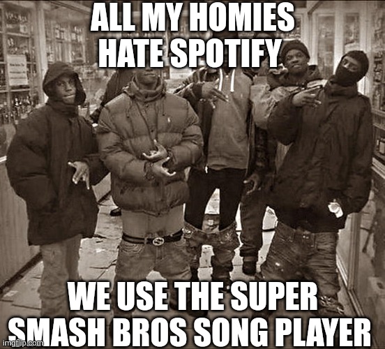 All My Homies Hate | ALL MY HOMIES HATE SPOTIFY; WE USE THE SUPER SMASH BROS SONG PLAYER | image tagged in all my homies hate | made w/ Imgflip meme maker