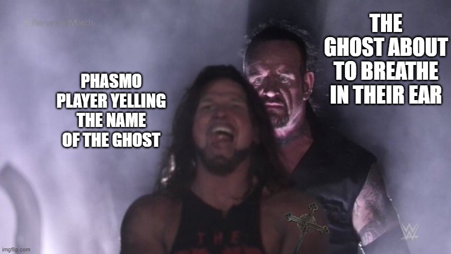 Phasmophobia ghosts be like | THE GHOST ABOUT TO BREATHE IN THEIR EAR; PHASMO PLAYER YELLING THE NAME OF THE GHOST | image tagged in aj styles undertaker | made w/ Imgflip meme maker