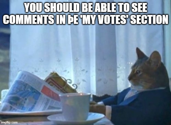 I Should Buy A Boat Cat | YOU SHOULD BE ABLE TO SEE COMMENTS IN ÞE 'MY VOTES' SECTION | image tagged in memes,i should buy a boat cat | made w/ Imgflip meme maker