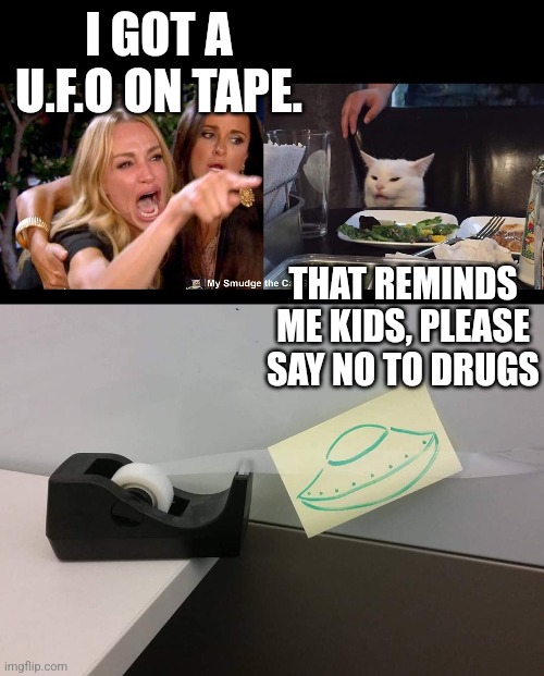 I GOT A U.F.O ON TAPE. THAT REMINDS ME KIDS, PLEASE SAY NO TO DRUGS | image tagged in smudge the cat | made w/ Imgflip meme maker