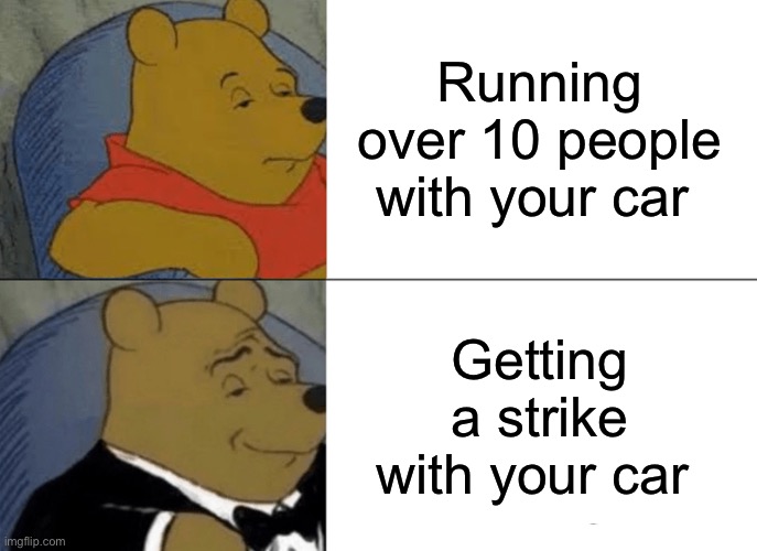 Tuxedo Winnie The Pooh Meme | Running over 10 people with your car; Getting a strike with your car | image tagged in memes,tuxedo winnie the pooh,bowling,wii sports,funny,not really a gif | made w/ Imgflip meme maker