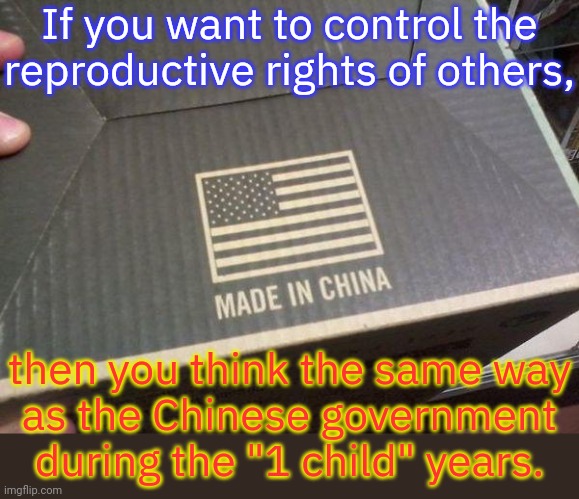 Except that China wised up. | If you want to control the reproductive rights of others, then you think the same way
as the Chinese government during the "1 child" years. | image tagged in american made in china,communist detected on american soil,they're the same picture,abortion,women's rights | made w/ Imgflip meme maker