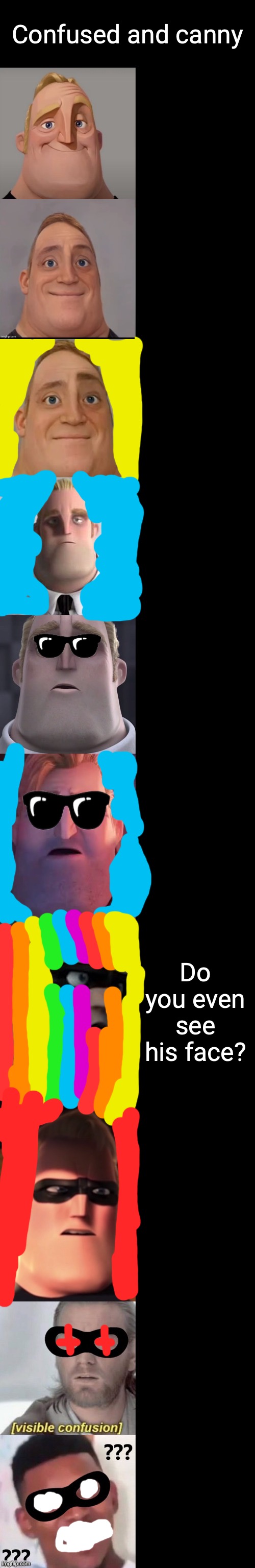 Confused and canny(Owner:Nice) | Confused and canny; Do you even see his face? | image tagged in mr incredible becoming confused | made w/ Imgflip meme maker