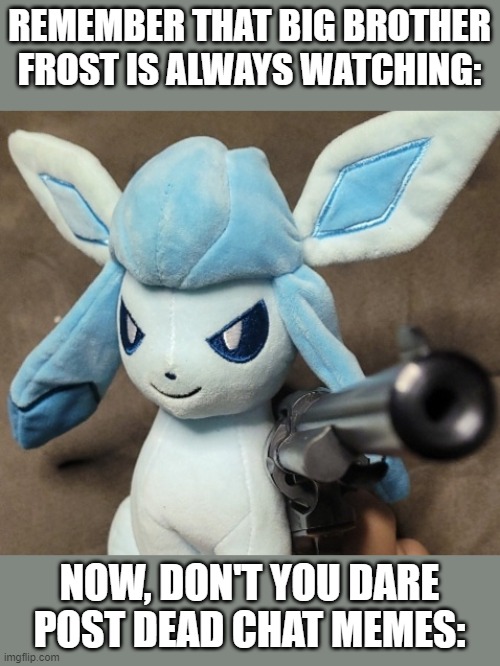 Glaceon_FU | REMEMBER THAT BIG BROTHER FROST IS ALWAYS WATCHING:; NOW, DON'T YOU DARE POST DEAD CHAT MEMES: | image tagged in glaceon_fu | made w/ Imgflip meme maker