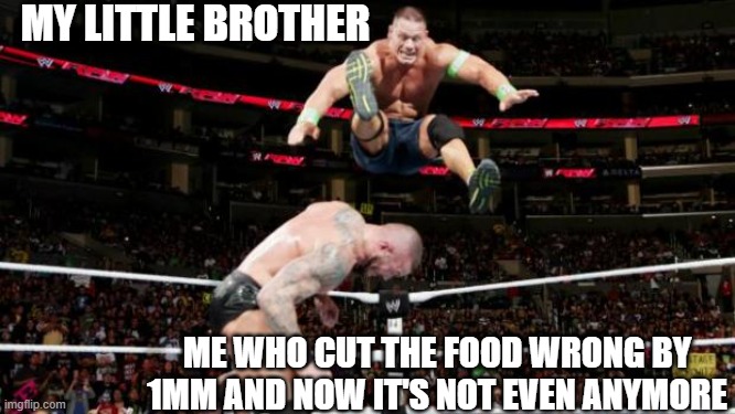 Siblings Be Like | MY LITTLE BROTHER; ME WHO CUT THE FOOD WRONG BY 1MM AND NOW IT'S NOT EVEN ANYMORE | image tagged in randy orton john cena | made w/ Imgflip meme maker