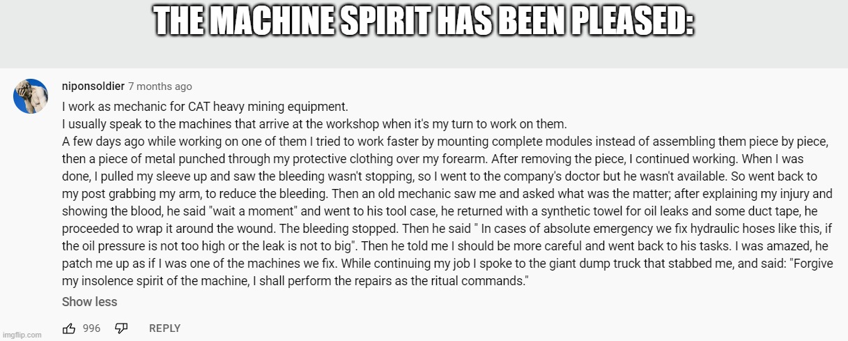 THE MACHINE SPIRIT HAS BEEN PLEASED: | made w/ Imgflip meme maker