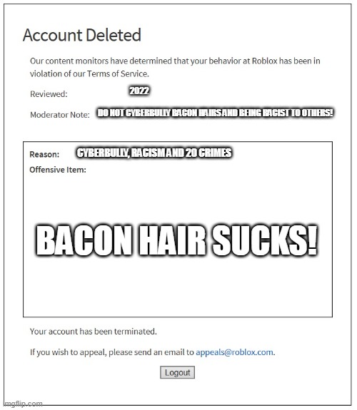 banned from ROBLOX | 2022; DO NOT CYBERBULLY BACON HAIRS AND BEING RACIST TO OTHERS! CYBERBULLY, RACISM AND 20 CRIMES; BACON HAIR SUCKS! | image tagged in banned from roblox | made w/ Imgflip meme maker