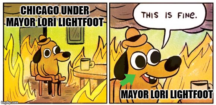 Chicago Is A Hellhole Because Of Democrats | CHICAGO UNDER MAYOR LORI LIGHTFOOT; MAYOR LORI LIGHTFOOT | image tagged in memes,this is fine,chicago,politics,corruption,political corruption | made w/ Imgflip meme maker