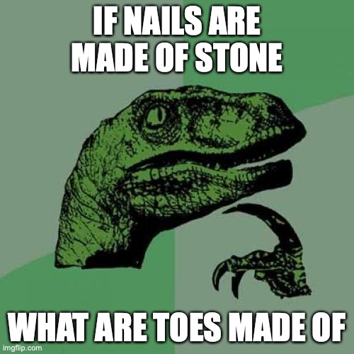 Philosoraptor Meme | IF NAILS ARE MADE OF STONE; WHAT ARE TOES MADE OF | image tagged in memes,philosoraptor | made w/ Imgflip meme maker