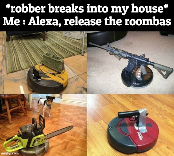 Muahahhahahaha |  *robber breaks into my house*
Me : Alexa, release the roombas | image tagged in robber,alexa,roomba,roombas,funny,memes | made w/ Imgflip meme maker