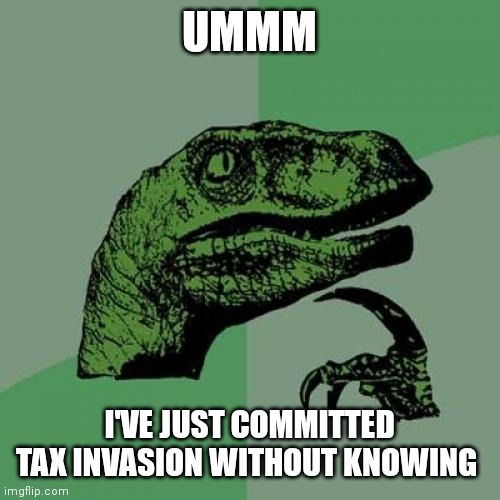 Philosoraptor | UMMM; I'VE JUST COMMITTED TAX INVASION WITHOUT KNOWING | image tagged in memes,philosoraptor | made w/ Imgflip meme maker