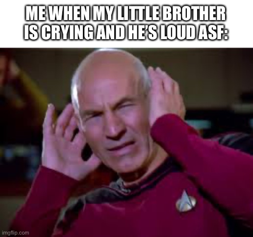 Why is he crying so loud??????? | ME WHEN MY LITTLE BROTHER IS CRYING AND HE’S LOUD ASF: | image tagged in captain picard covering ears | made w/ Imgflip meme maker