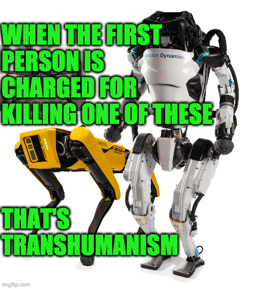 Robot Police Force | WHEN THE FIRST 
PERSON IS 
CHARGED FOR 
KILLING ONE OF THESE; THAT'S TRANSHUMANISM | image tagged in robot police force | made w/ Imgflip meme maker
