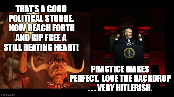 The Swamp Creature speaks! | THAT'S A GOOD POLITICAL STOOGE.  NOW REACH FORTH AND RIP FREE A STILL BEATING HEART! PRACTICE MAKES PERFECT.  LOVE THE BACKDROP . . . VERY HITLERISH. | image tagged in into the toilet | made w/ Imgflip meme maker