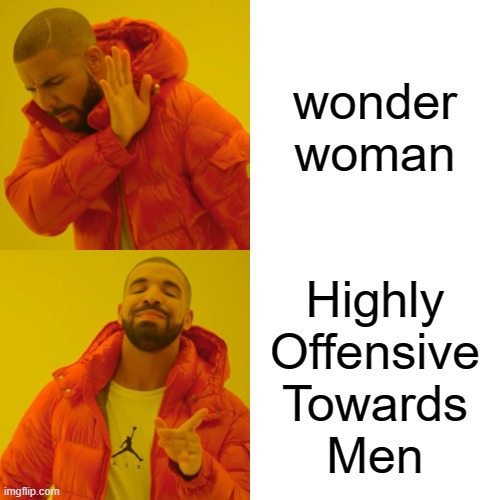 Drake Hotline Bling Meme | wonder woman; Highly
Offensive
Towards
Men | image tagged in memes,drake hotline bling,dc,dc comics,wonder woman,men | made w/ Imgflip meme maker
