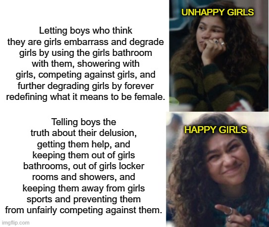 Stop Degrading Girls! | UNHAPPY GIRLS; Letting boys who think they are girls embarrass and degrade girls by using the girls bathroom with them, showering with girls, competing against girls, and further degrading girls by forever redefining what it means to be female. Telling boys the truth about their delusion, getting them help, and keeping them out of girls bathrooms, out of girls locker rooms and showers, and keeping them away from girls sports and preventing them from unfairly competing against them. HAPPY GIRLS | image tagged in zendaya drake meme,memes,gender confusion,girls,what is a woman,so true | made w/ Imgflip meme maker