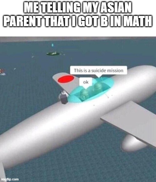 i am from indonesia | ME TELLING MY ASIAN PARENT THAT I GOT B IN MATH | image tagged in this is a suicide mission ok,asian | made w/ Imgflip meme maker