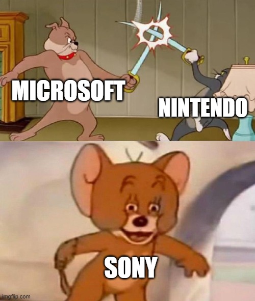 video game wars be like: | MICROSOFT; NINTENDO; SONY | image tagged in tom and jerry swordfight,video games | made w/ Imgflip meme maker