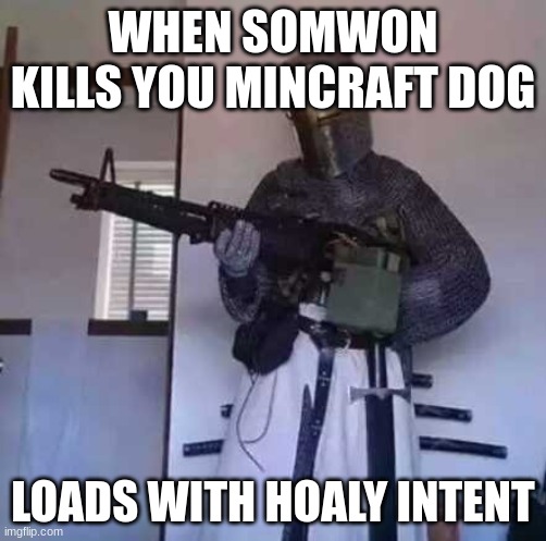 Crusader knight with M60 Machine Gun |  WHEN SOMWON KILLS YOU MINCRAFT DOG; LOADS WITH HOALY INTENT | image tagged in crusader knight with m60 machine gun | made w/ Imgflip meme maker
