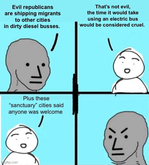 Electric busses would be cruel | That’s not evil, the time it would take using an electric bus would be considered cruel. Evil republicans are shipping migrants to other cities in dirty diesel busses. Plus these “sanctuary” cities said anyone was welcome | image tagged in angry npc wojak,politics lol,memes | made w/ Imgflip meme maker