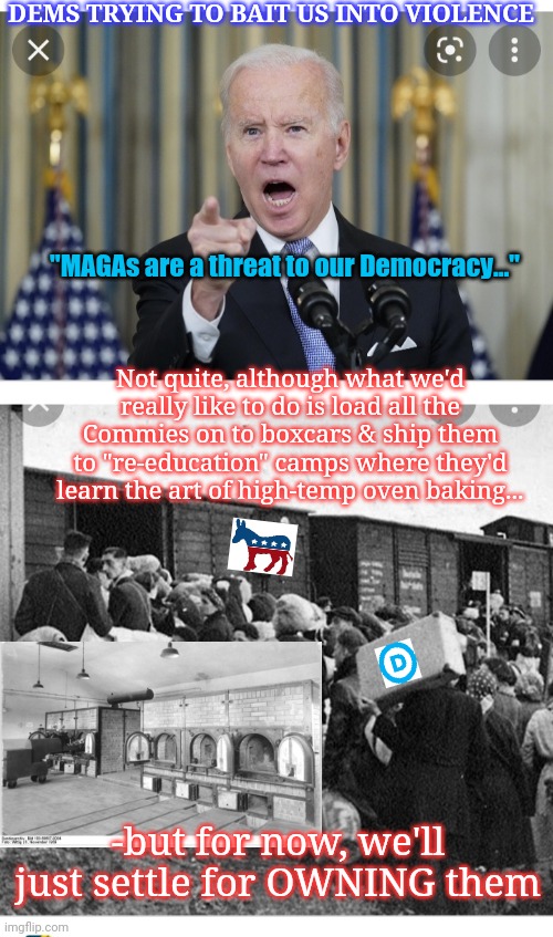 Don't take the bait MAGAs | DEMS TRYING TO BAIT US INTO VIOLENCE; "MAGAs are a threat to our Democracy..."; Not quite, although what we'd really like to do is load all the Commies on to boxcars & ship them to "re-education" camps where they'd learn the art of high-temp oven baking... -but for now, we'll just settle for OWNING them | image tagged in fire,all,democrats | made w/ Imgflip meme maker