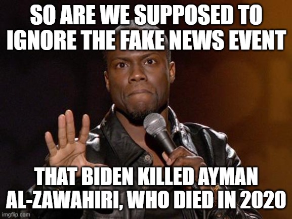 kevin hart | SO ARE WE SUPPOSED TO IGNORE THE FAKE NEWS EVENT; THAT BIDEN KILLED AYMAN AL-ZAWAHIRI, WHO DIED IN 2020 | image tagged in kevin hart | made w/ Imgflip meme maker