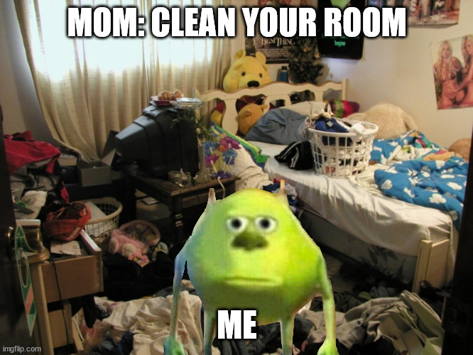 Messy bedroom | MOM: CLEAN YOUR ROOM; ME | image tagged in messy bedroom | made w/ Imgflip meme maker