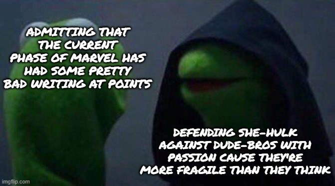 me defending she-hulk | ADMITTING THAT THE CURRENT PHASE OF MARVEL HAS HAD SOME PRETTY BAD WRITING AT POINTS; DEFENDING SHE-HULK AGAINST DUDE-BROS WITH PASSION CAUSE THEY'RE MORE FRAGILE THAN THEY THINK | image tagged in kermit me to me,marvel,she hulk | made w/ Imgflip meme maker