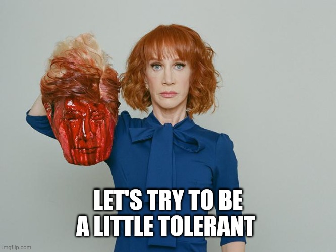 Kathy Griffin Tolerance | LET'S TRY TO BE A LITTLE TOLERANT | image tagged in kathy griffin tolerance | made w/ Imgflip meme maker