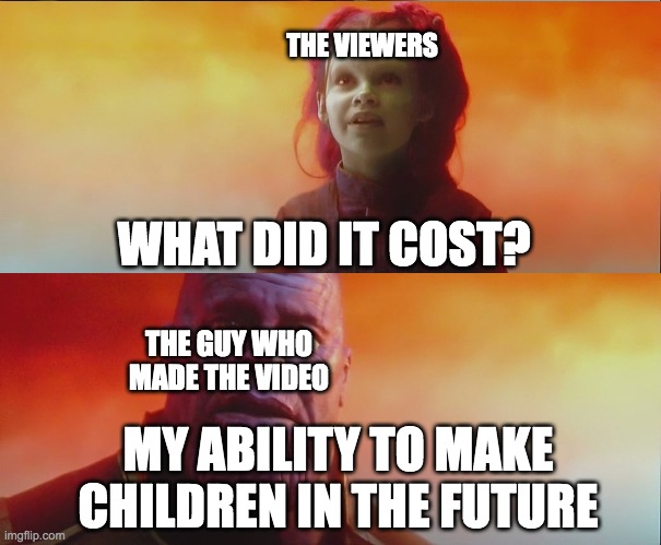 What did it cost? 2 panel | THE VIEWERS WHAT DID IT COST? THE GUY WHO MADE THE VIDEO MY ABILITY TO MAKE CHILDREN IN THE FUTURE | image tagged in what did it cost 2 panel | made w/ Imgflip meme maker