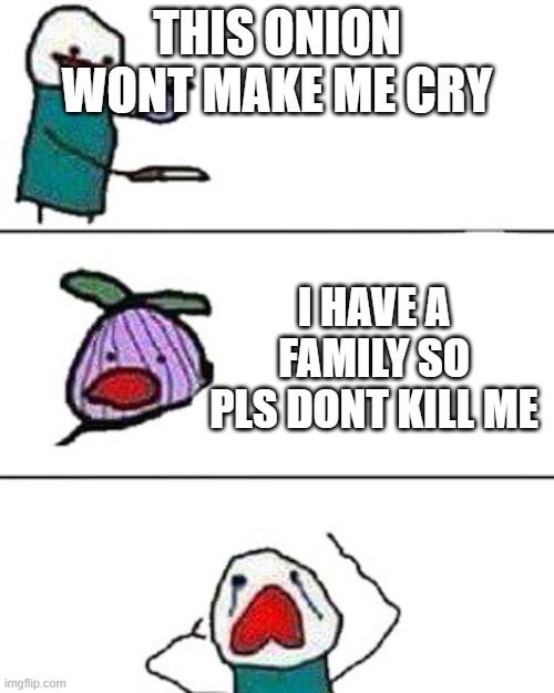 this onion won't make me cry |  THIS ONION WONT MAKE ME CRY; I HAVE A FAMILY SO PLS DONT KILL ME | image tagged in this onion won't make me cry | made w/ Imgflip meme maker