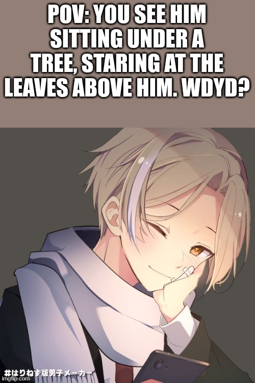 Romance RP. No ERP, no joke or bambi ocs, no killing him or using military ocs. | POV: YOU SEE HIM SITTING UNDER A TREE, STARING AT THE LEAVES ABOVE HIM. WDYD? | image tagged in roleplaying | made w/ Imgflip meme maker