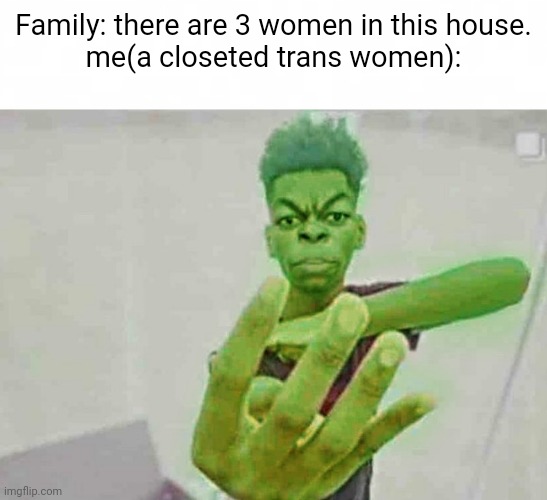 Family: there are 3 women in this house.
me(a closeted trans women): | image tagged in short blank,beast boy holding up 4 fingers | made w/ Imgflip meme maker