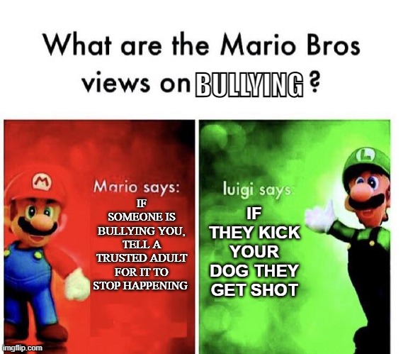 Mario Bros Views | IF SOMEONE IS BULLYING YOU, TELL A TRUSTED ADULT FOR IT TO STOP HAPPENING IF THEY KICK YOUR DOG THEY GET SHOT BULLYING | image tagged in mario bros views | made w/ Imgflip meme maker