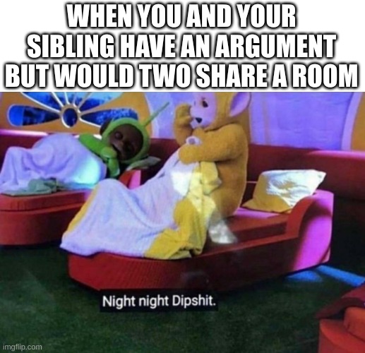 Night night | WHEN YOU AND YOUR SIBLING HAVE AN ARGUMENT BUT WOULD TWO SHARE A ROOM | image tagged in night night | made w/ Imgflip meme maker