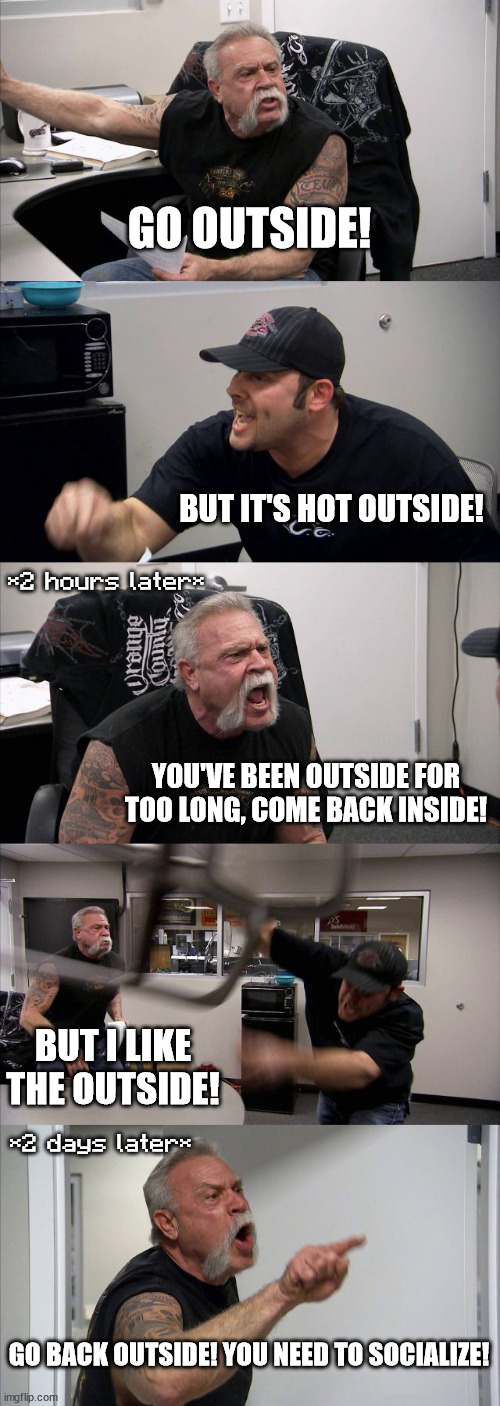 Going outside be like... | GO OUTSIDE! BUT IT'S HOT OUTSIDE! *2 hours later*; YOU'VE BEEN OUTSIDE FOR TOO LONG, COME BACK INSIDE! BUT I LIKE THE OUTSIDE! *2 days later*; GO BACK OUTSIDE! YOU NEED TO SOCIALIZE! | image tagged in memes,american chopper argument | made w/ Imgflip meme maker