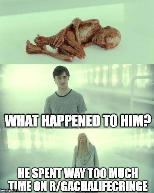 Poor guy | WHAT HAPPENED TO HIM? HE SPENT WAY TOO MUCH TIME ON R/GACHALIFECRINGE | image tagged in dead baby voldemort / what happened to him | made w/ Imgflip meme maker