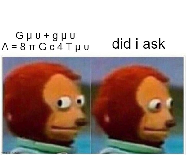 ah yes, einstein | G μ υ + g μ υ Λ = 8 π G c 4 T μ υ; did i ask | image tagged in memes,monkey puppet,roast | made w/ Imgflip meme maker