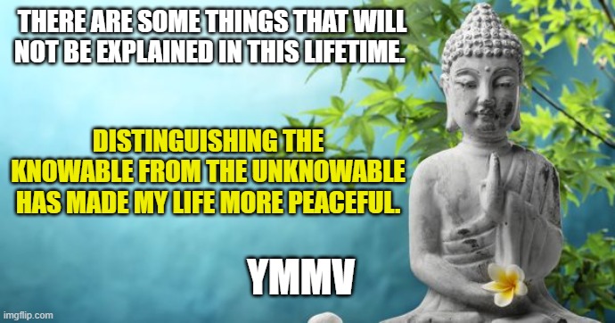 Serenity Now | THERE ARE SOME THINGS THAT WILL NOT BE EXPLAINED IN THIS LIFETIME. DISTINGUISHING THE KNOWABLE FROM THE UNKNOWABLE HAS MADE MY LIFE MORE PEACEFUL. YMMV | image tagged in buddha peaceful | made w/ Imgflip meme maker