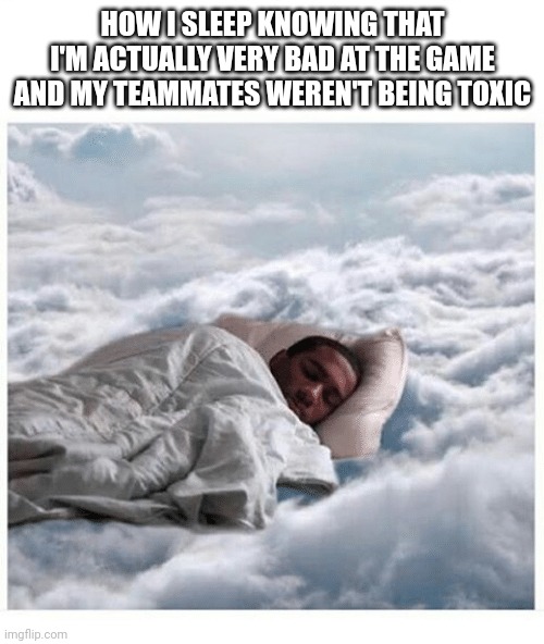 How I sleep knowing | HOW I SLEEP KNOWING THAT I'M ACTUALLY VERY BAD AT THE GAME AND MY TEAMMATES WEREN'T BEING TOXIC | image tagged in how i sleep knowing | made w/ Imgflip meme maker